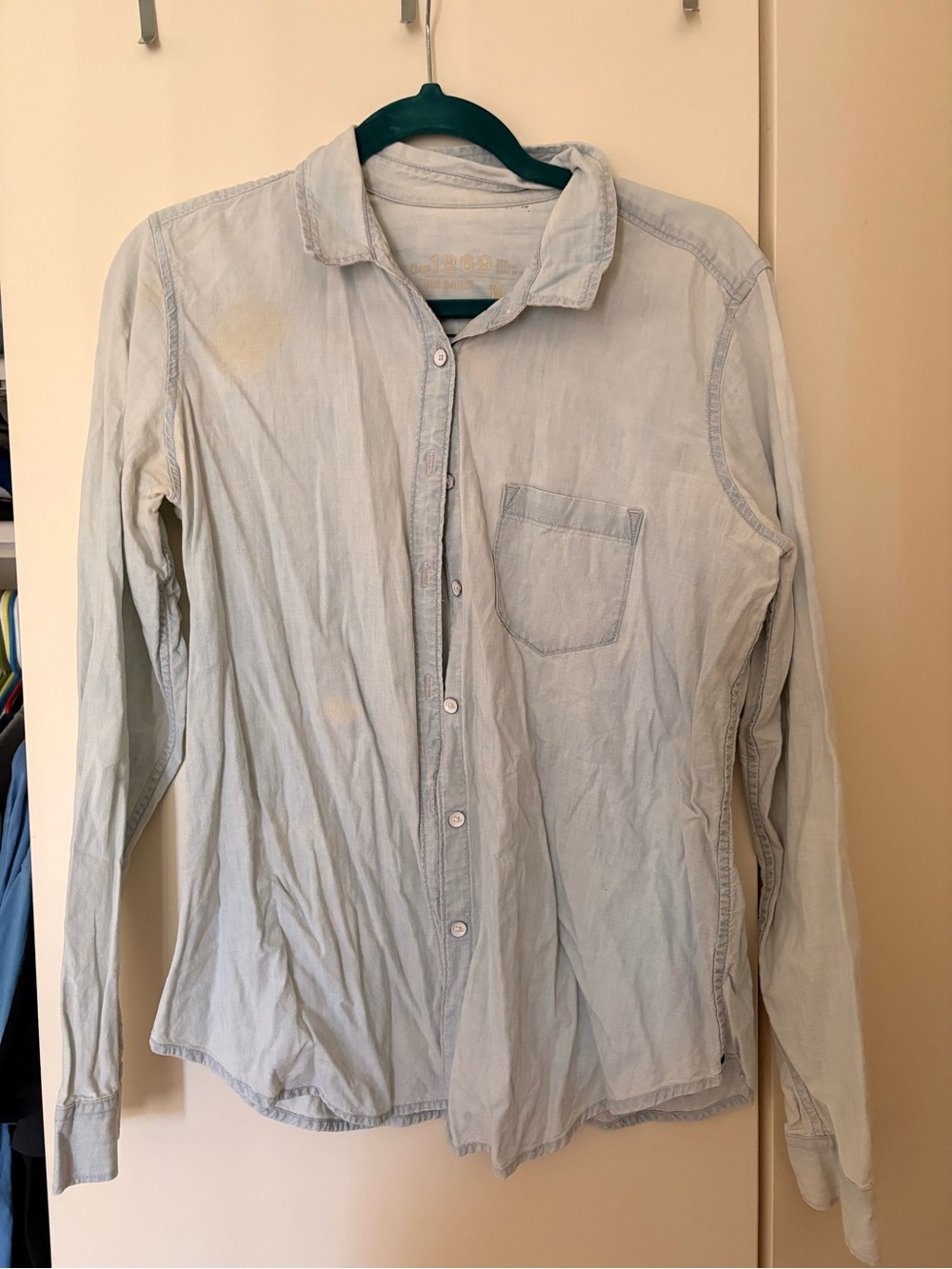 Light Blue women’s gap distressed denim Button-Down Shirt